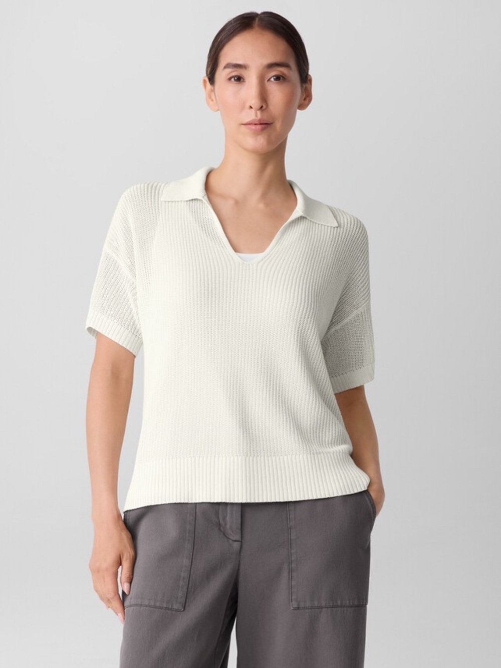 NWT Eileen Fisher Cotton Silk Cord Split Neck Top